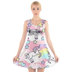 Unicorn Rainbow V-neck Sleeveless Skater Dress by Nexatart