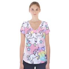 Unicorn Rainbow Short Sleeve Front Detail Top by Nexatart