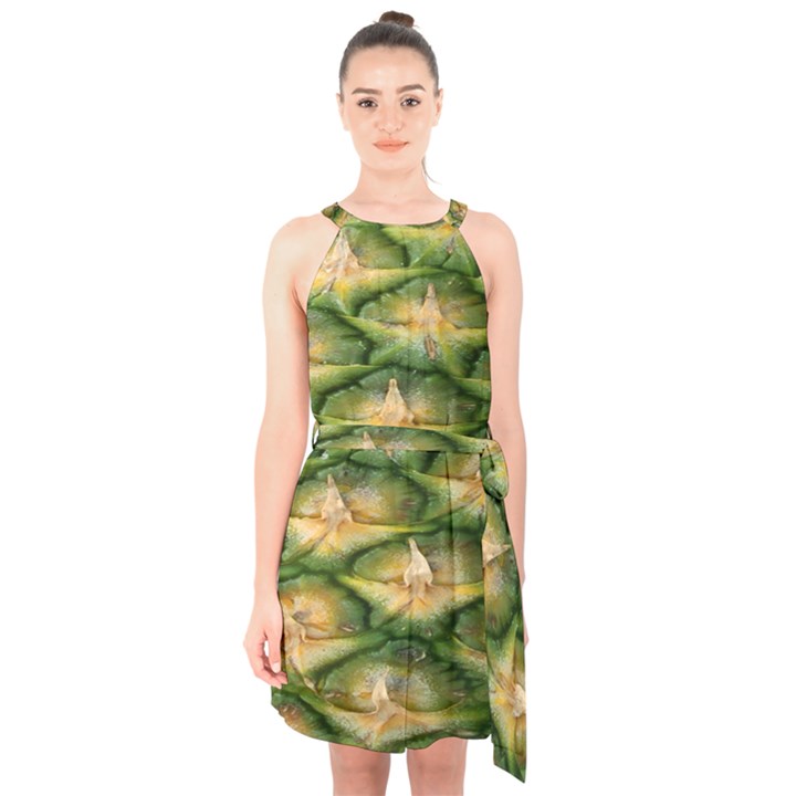 Pineapple Pattern Halter Collar Waist Tie Chiffon Dress