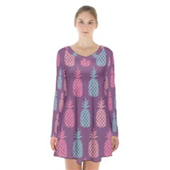 Pineapple Pattern Long Sleeve Velvet V-neck Dress by Nexatart