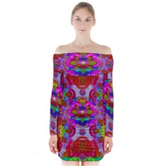 Fantasy   Florals  Pearls In Abstract Rainbows Long Sleeve Off Shoulder Dress by pepitasart