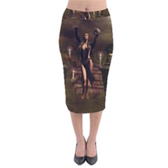 The Dark Side, Dark Fairy With Skulls In The Night Velvet Midi Pencil Skirt by FantasyWorld7