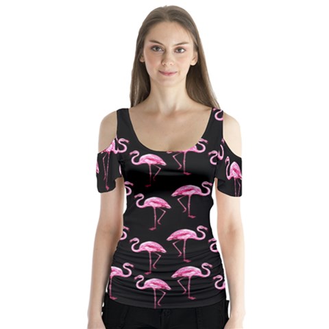 Flamingo Pattern Butterfly Sleeve Cutout Tee  by Valentinaart