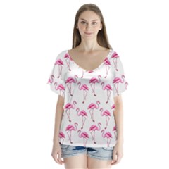 Flamingo Pattern V-neck Flutter Sleeve Top by Valentinaart