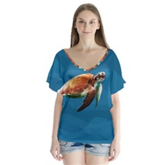 Sea Turtle V-neck Flutter Sleeve Top by Valentinaart