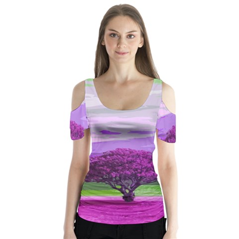 Landscape Butterfly Sleeve Cutout Tee  by Valentinaart