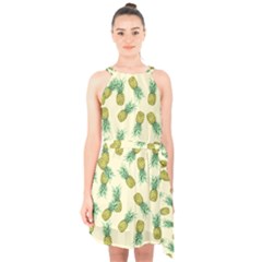 Pineapples Pattern Halter Collar Waist Tie Chiffon Dress