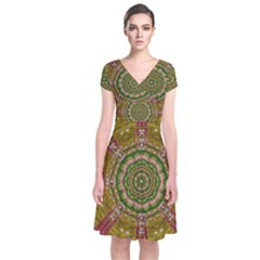 Mandala In Metal And Pearls Short Sleeve Front Wrap Dress by pepitasart