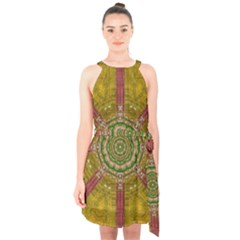 Mandala In Metal And Pearls Halter Collar Waist Tie Chiffon Dress