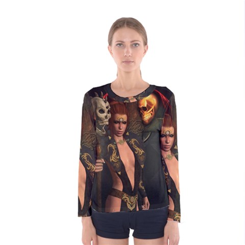 The Dark Side, Women With Skulls In The Night Women s Long Sleeve Tee by FantasyWorld7