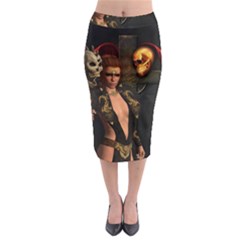 The Dark Side, Women With Skulls In The Night Midi Pencil Skirt by FantasyWorld7