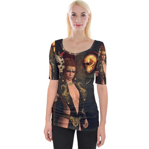 The Dark Side, Women With Skulls In The Night Wide Neckline Tee by FantasyWorld7