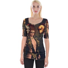 The Dark Side, Women With Skulls In The Night Wide Neckline Tee