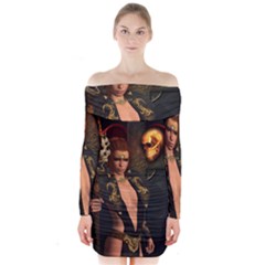 The Dark Side, Women With Skulls In The Night Long Sleeve Off Shoulder Dress by FantasyWorld7