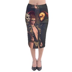 The Dark Side, Women With Skulls In The Night Velvet Midi Pencil Skirt by FantasyWorld7