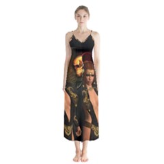 The Dark Side, Women With Skulls In The Night Button Up Chiffon Maxi Dress