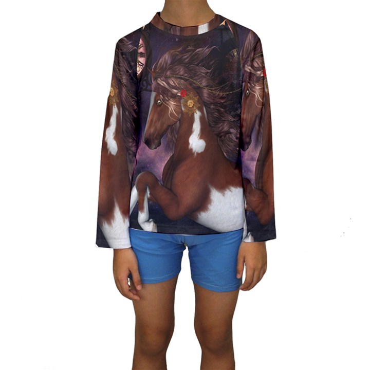 Steampunk Wonderful Wild Horse With Clocks And Gears Kids  Long Sleeve Swimwear