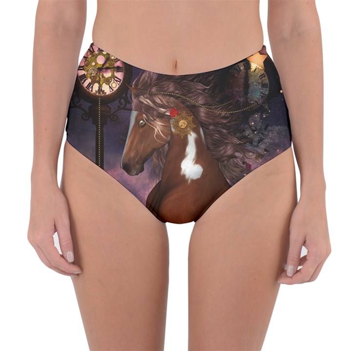 Steampunk Wonderful Wild Horse With Clocks And Gears Reversible High-Waist Bikini Bottoms