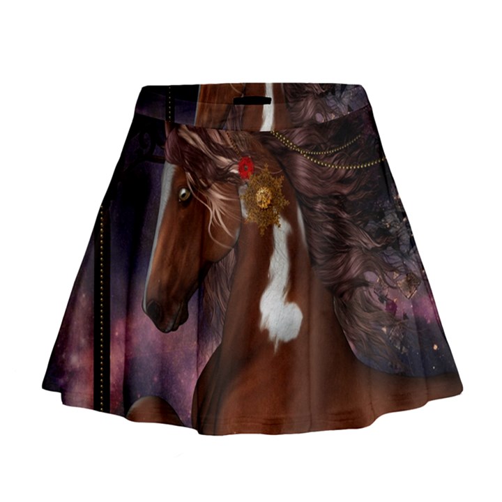 Steampunk Wonderful Wild Horse With Clocks And Gears Mini Flare Skirt