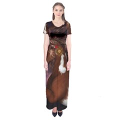 Steampunk Wonderful Wild Horse With Clocks And Gears Short Sleeve Maxi Dress by FantasyWorld7