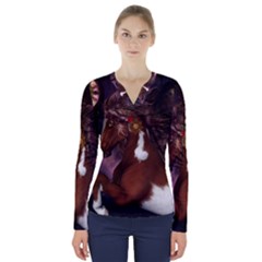 Steampunk Wonderful Wild Horse With Clocks And Gears V-neck Long Sleeve Top by FantasyWorld7