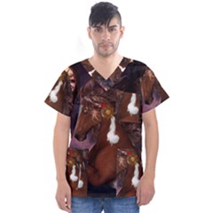 Steampunk Wonderful Wild Horse With Clocks And Gears Men s V-neck Scrub Top