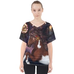 Steampunk Wonderful Wild Horse With Clocks And Gears V-neck Dolman Drape Top