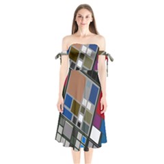 Abstract Composition Shoulder Tie Bardot Midi Dress