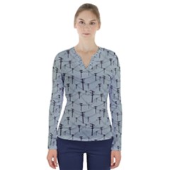 Telephone Lines Repeating Pattern V-neck Long Sleeve Top