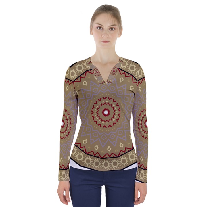 Mandala Art Ornament Pattern V-Neck Long Sleeve Top