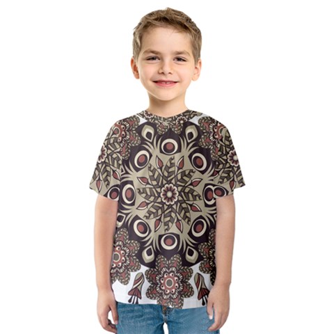 Mandala Pattern Round Brown Floral Kids  Sport Mesh Tee by Nexatart