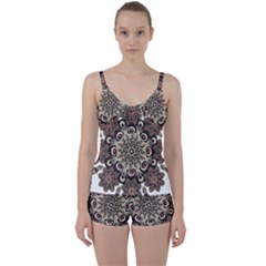 Mandala Pattern Round Brown Floral Tie Front Two Piece Tankini