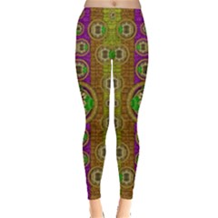 Rainbow Flowers In Heavy Metal And Paradise Namaste Style Leggings  by pepitasart