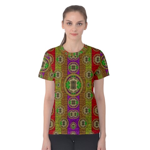 Rainbow Flowers In Heavy Metal And Paradise Namaste Style Women s Cotton Tee by pepitasart