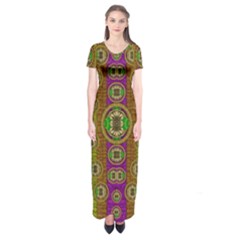 Rainbow Flowers In Heavy Metal And Paradise Namaste Style Short Sleeve Maxi Dress by pepitasart