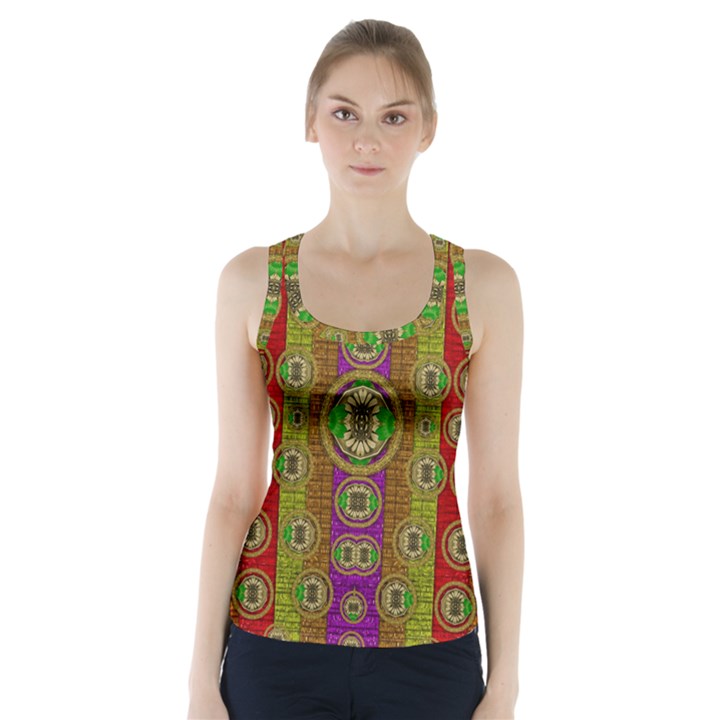 Rainbow Flowers In Heavy Metal And Paradise Namaste Style Racer Back Sports Top