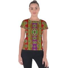 Rainbow Flowers In Heavy Metal And Paradise Namaste Style Short Sleeve Sports Top 