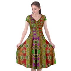 Rainbow Flowers In Heavy Metal And Paradise Namaste Style Cap Sleeve Wrap Front Dress by pepitasart