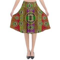 Rainbow Flowers In Heavy Metal And Paradise Namaste Style Flared Midi Skirt by pepitasart