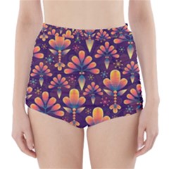 Floral Abstract Purple Pattern High-waisted Bikini Bottoms by paulaoliveiradesign