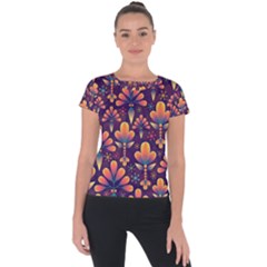 Floral Abstract Purple Pattern Short Sleeve Sports Top 