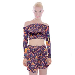 Floral Abstract Purple Pattern Off Shoulder Top With Skirt Set