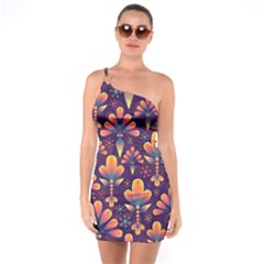 Floral Abstract Purple Pattern One Soulder Bodycon Dress