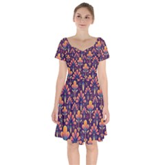 Floral Abstract Purple Pattern Short Sleeve Bardot Dress