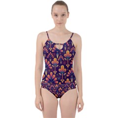 Floral Abstract Purple Pattern Cut Out Top Tankini Set