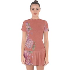 Flower Illustration Rose Floral Pattern Drop Hem Mini Chiffon Dress