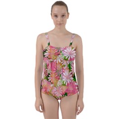 Pink Flowers Floral Pattern Twist Front Tankini Set