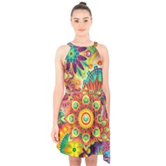 Colorful Abstract Pattern Kaleidoscope Halter Collar Waist Tie Chiffon Dress