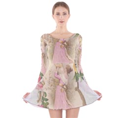 Vintage Floral Illustration Long Sleeve Velvet Skater Dress