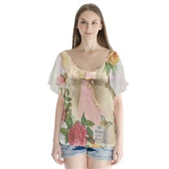 Vintage Floral Illustration V-neck Flutter Sleeve Top by paulaoliveiradesign